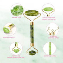 Load image into Gallery viewer, The Jade stone roller massager comes with natural jade stone. It is noiseless and smooth. The larger part of the stone is for face and neck. The smaller part of the stone is for eye to reduce wrinkles and eye bag. It has a stronger upgraded frame and a reinforced handle.